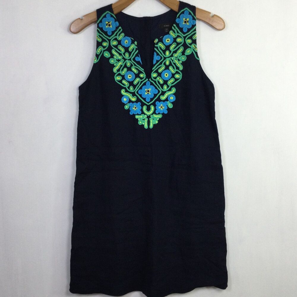 J. Crew Womens Tank Dress Embroidery Split-V Neck  Blue Aqua Lime Size XS